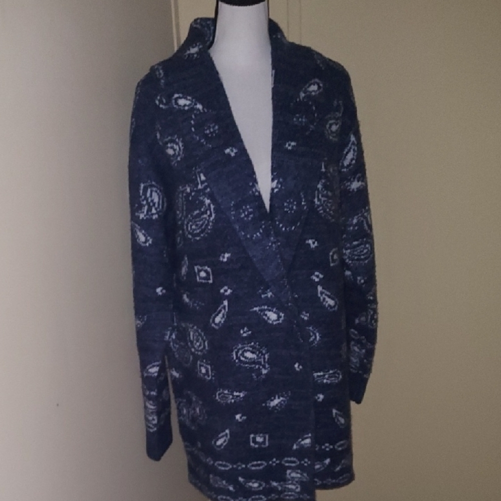 Lucky Brand Navy Paisley Open-Front Blazer Coatigan